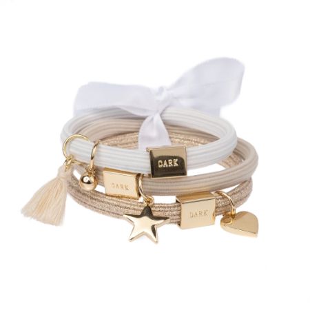 HAIR TIES 3 PK CHARM COMBO SAND & BLUES W/GOLD HAIR TIES 3 PK CHARM COMBO SAND & BLUES W/GOLD