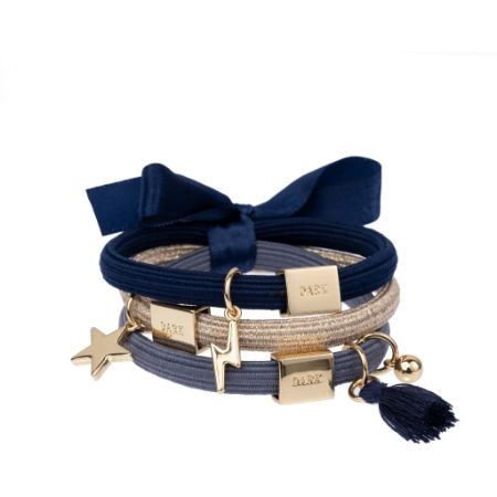 HAIR TIES 3 PK CHARM COMBO SAND & BLUES W/GOLD HAIR TIES 3 PK CHARM COMBO SAND & BLUES W/GOLD