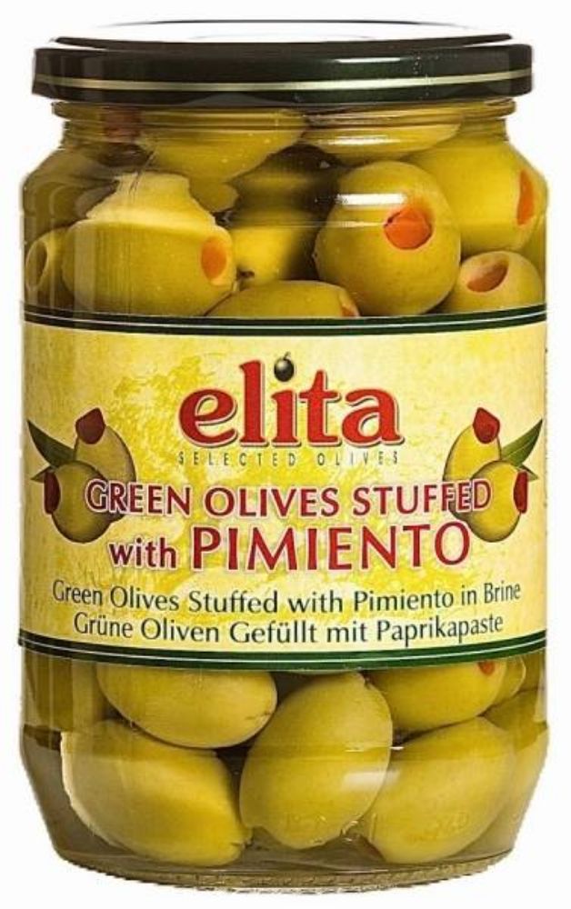 Elita grønn oliven m/paprika glass
