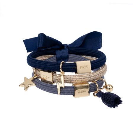 HAIR TIES 3 PK CHARM COMBO NAVY BLUES W/GOLD HAIR TIES 3 PK CHARM COMBO NAVY BLUES W/GOLD